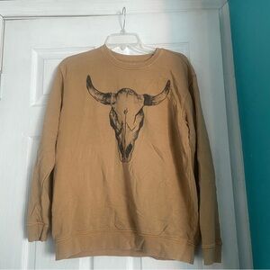 Full Tilt Tan Crewneck Sweater with Bull Skull Design